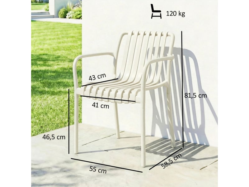 Fauteuil de jardin 4 pièces ergonomique chaises empilables design à lamelles accoudoirs crème blanc - Conforama B