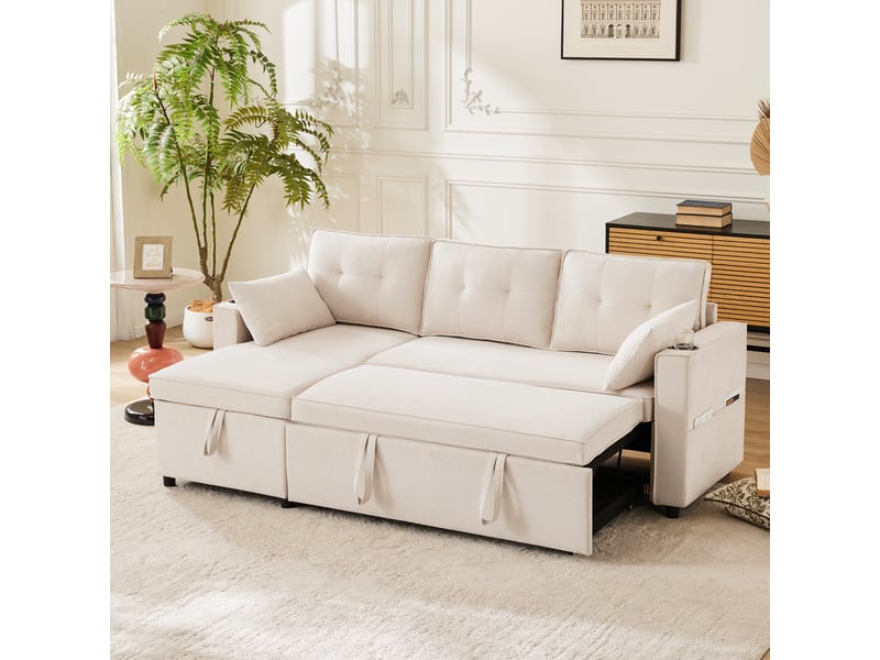 Canapé d’angle convertible en l 3 places avec méridienne réversible, fonction lit, coffre de rangement, porte-gobelets, poches latérales et 2 coussins - beige  - Conforama C