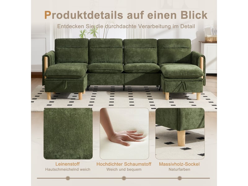 Canapé en u modulable 4 places en tissu chenille vert, avec 2 poufs à rangement, pieds en bois massif - Conforama E