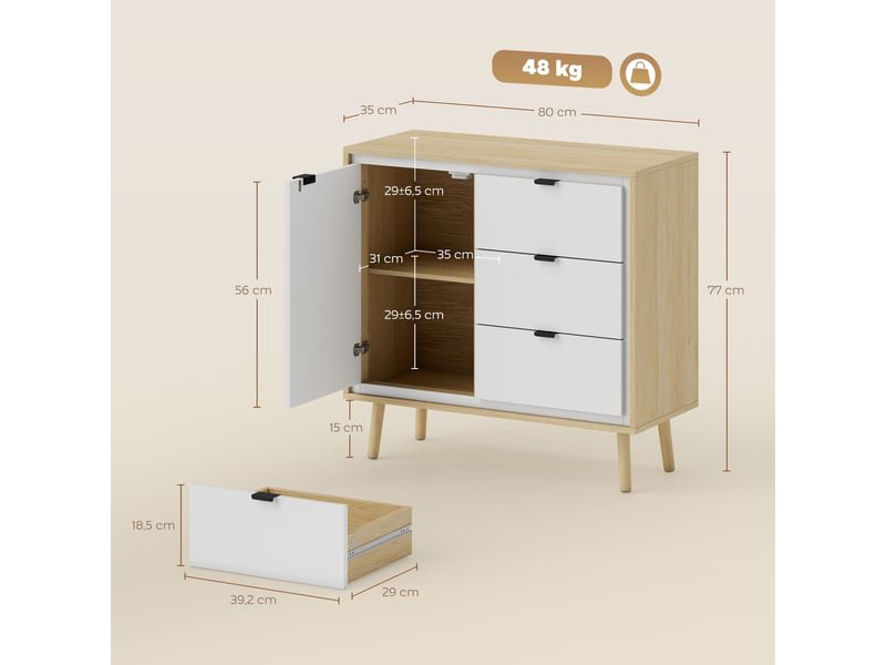  Buffet moderne avec porte, 3 tiroirs et étagère réglable pour salle à manger et entrée, 80 x 35 x 77 cm, blanc et chêne  - Conforama E