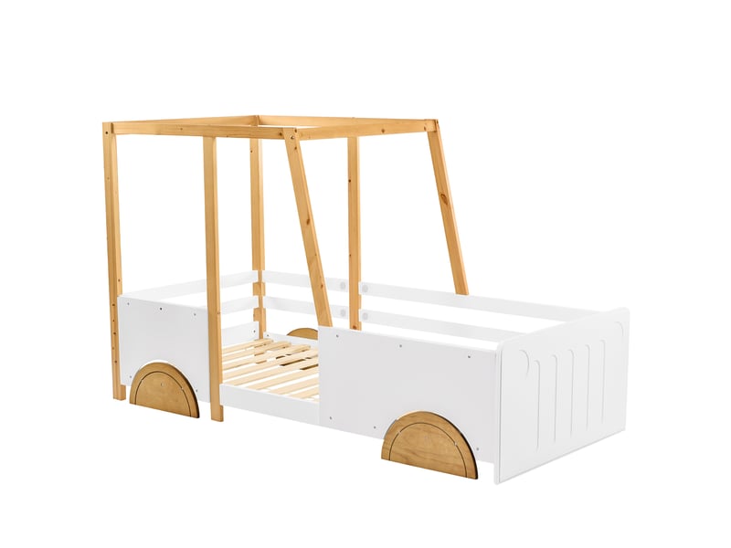  Modenvie lit enfant voiture 90x200 cm - barrières de sécurité, sans matelas - blanc et naturel  - Conforama A