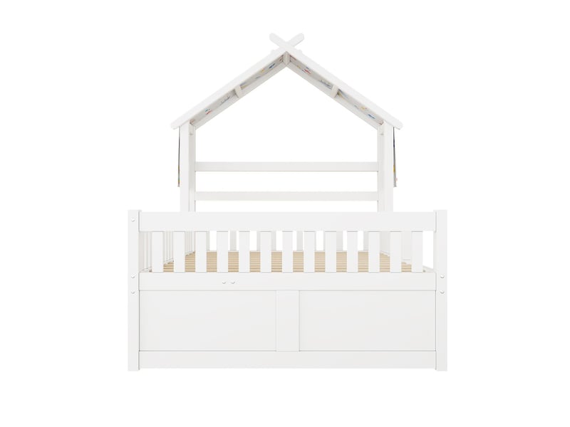  Lit gigogne 140 x 200 cm plateforme en bois forme maison 3 tiroirs barrières de sécurité blanc  - Conforama A