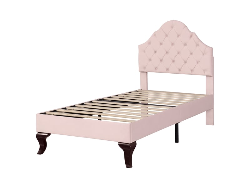  Lit rembourré 90 x 200 cm avec sommier à lattes et tête de lit réglable en hauteur, lit enfant, lit simple, sommier à lattes en bois, montage facile, velours, rose  - Conforama A