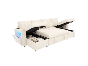 Canapé d'angle convertible 4 places 273x131x83 cm en chenille avec 2 méridiennes coffre, rangement, led, usb type-c - beige