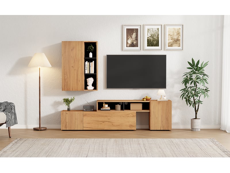  Ensemble meuble tv modulable rayofi bois et noir - meuble bas + meuble mural  - Conforama R