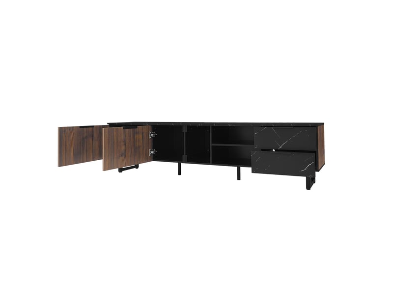  Meuble tv 200 cm effet marbre noir et bois foncé avec led contrôlable par application  - Conforama R