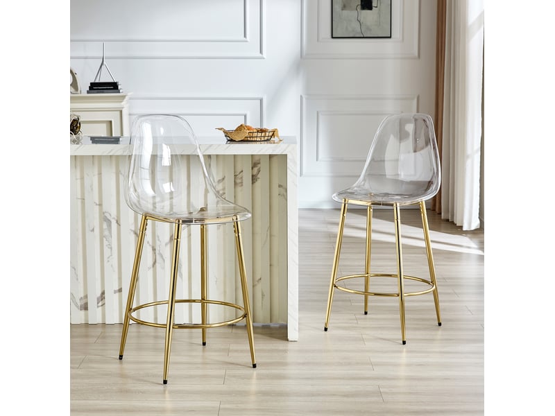  Tabourets de bar 66 cm lot de 2, dossier transparent, repose-pieds, pour cuisine, structure métal, or et transparent  - Conforama B