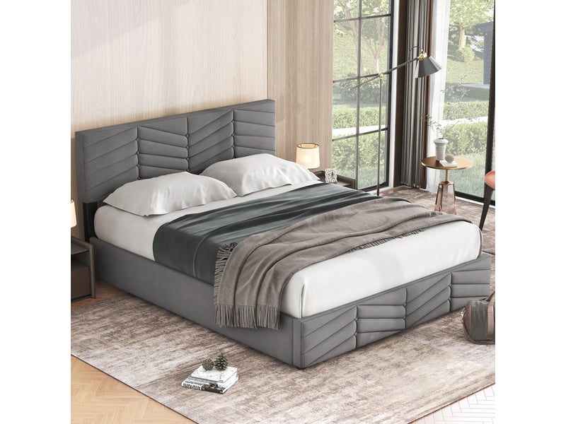  Lit capitonné, lit double, sommier réglable hydrauliquement, velours, rayures, style continental, tête de lit réglable en hauteur, 140 x 200 cm, gris  - Conforama B