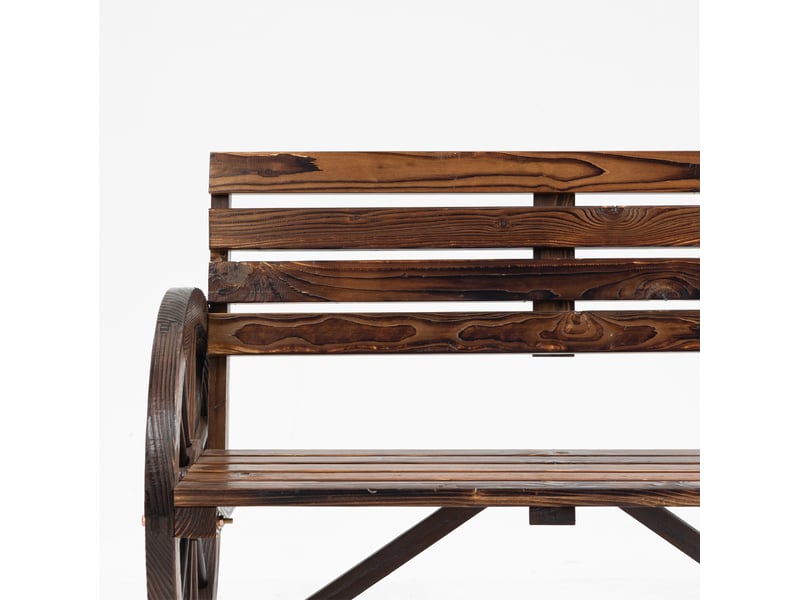  Banc de jardin 2 places 105,5x56x79 cm – marron – accoudoirs roues de chariot en bois, style rustique  - Conforama E