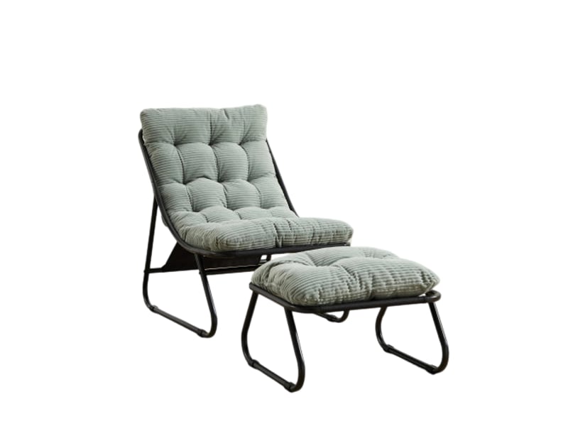 Fauteuil à bascule d’extérieur avec coussin épais et confortable, idéal pour salon, chambre et espace de lecture, structure noire avec coussin vert clair  - Conforama A