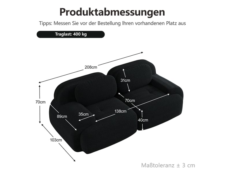 Canapé modulable 2 places modenvie sans cadre en velours côtelé noir 208 x 103 x 70 cm - Conforama C