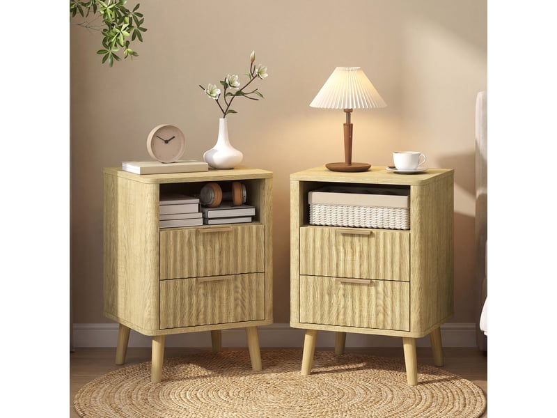 Lot de 2 tables de chevet, tables de nuit avec 2 tiroirs et compartiment ouvert, coins arrondis, 40 x 40 x 61 cm, chêne - Conforama C