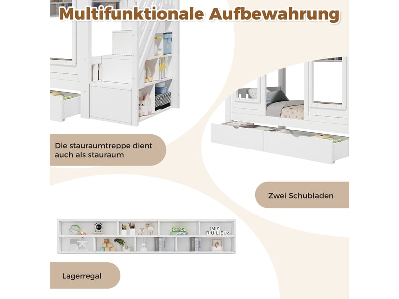  Lit superposé 90x200 cm avec barrière escalier rangement fenêtre bois massif blanc  - Conforama E