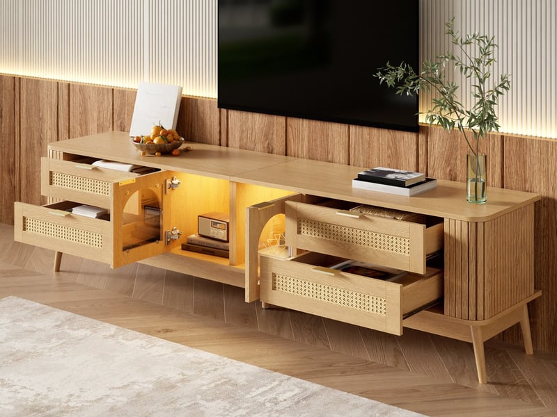  Meuble tv bas 180 cm, finition bois naturel, avec éclairage led  - Conforama B