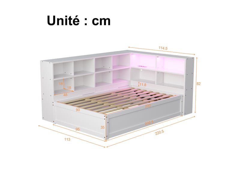  Lit banquette simple 90x200 cm en bois, avec coffre, rangements, prise et led, matelas non précisé, blanc  - Conforama D