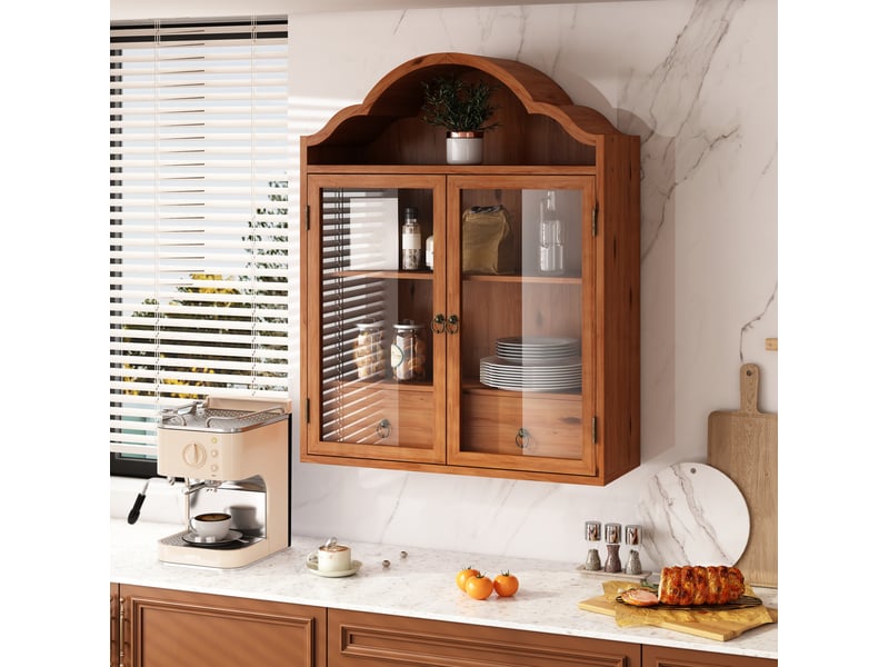  Armoire murale rétro avec 2 portes vitrées, 2 tiroirs et étagères réglables pour cuisine bois brun 60 × 22 × 76,5 cm  - Conforama D