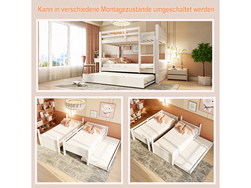  Lit superposé 3 places 90×200 cm avec lit gigogne, barrière et échelle, sans matelas - okmyhome- en bois blanc  - Conforama E