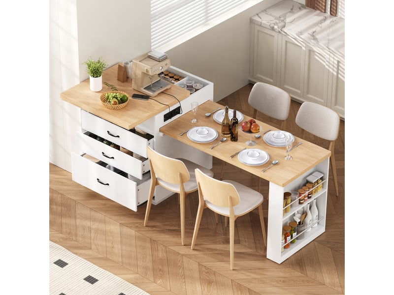  Desserte - avec tiroirs - avec éclairage led - avec port usb - sur roulettes - panneau de fibres de densité moyenne - blanc - pour cuisine 125.5x71x93cm - Conforama C