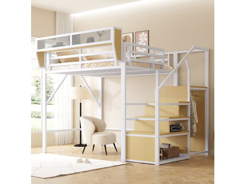 Lit mezzanine tcqpz 140 x 200 cm avec échelle de sécurité et rangement flexible métal blanc  - Conforama B