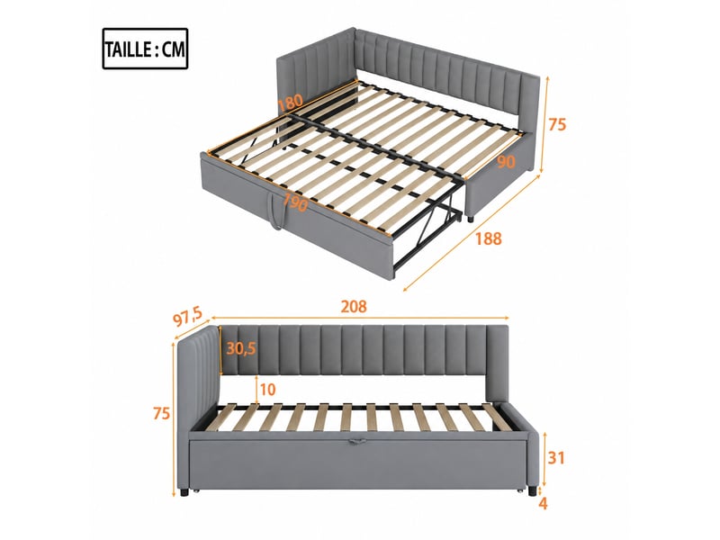 Canapé-lit gigogne 90 x 200 cm extensible à 180 x 200 cm - velours gris, dossier en l - Conforama C