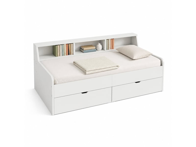  Lit simple 90x200 cm avec 2 tiroirs et 3 niches blanc  - Conforama A