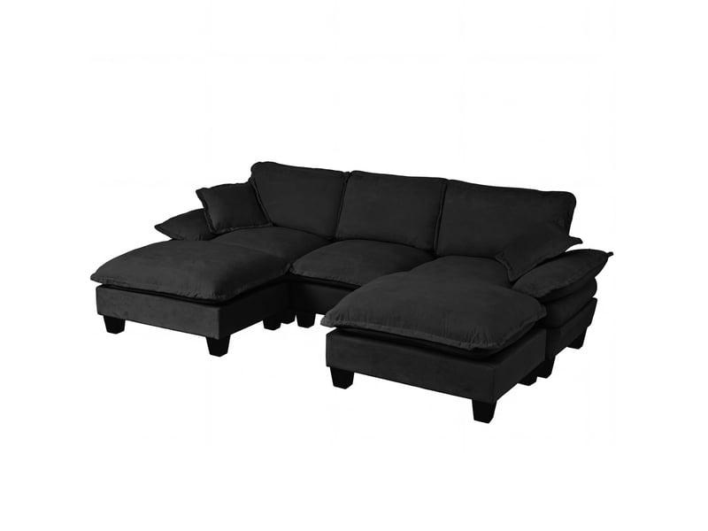  Canapé d’angle modulable en u modenvie 5 places avec 2 poufs mobiles et 2 coussins souples, revêtement chenille noir  - Conforama A