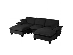 Canapé d’angle modulable en u modenvie 5 places avec 2 poufs mobiles et 2 coussins souples, revêtement chenille noir