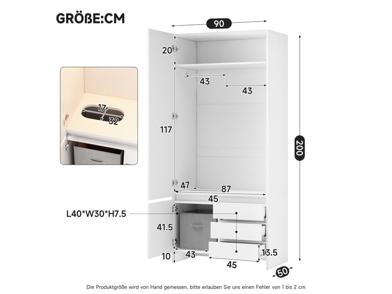  Armoire dressing 90x50x200 cm avec led, penderie, panier à linge intégré, 3 tiroirs, compartiment supérieur, mdf et panneaux de particules blancs  - Conforama D