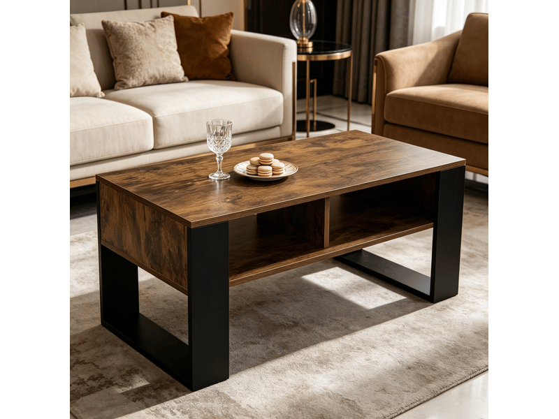  Table basse avec 2 compartiments ouverts 90x45x45 cm en bois noir et brun rustique  - Conforama B