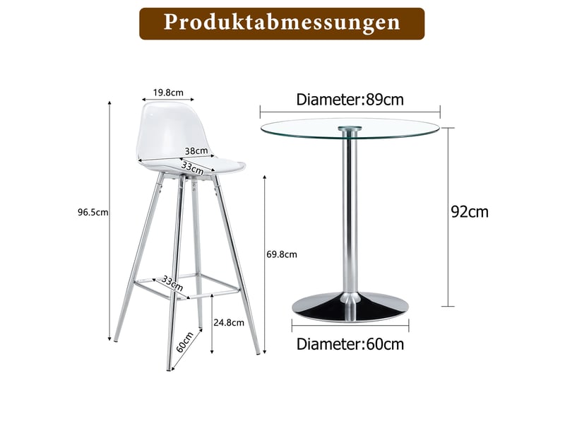 Ensemble bar 2 places avec table ronde en verre ø 89 cm et 2 tabourets argentés  - Conforama C