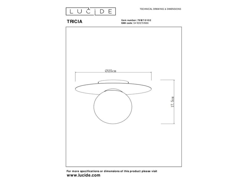 Plafonnier diam. 25 cm 1xe27 or mat laiton - lucide - tricia  - Conforama E