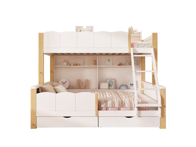  Lit superposé familial enfant 90x200+140x200 cm avec 2 tiroirs, étagères et échelle inclinée, bois blanc et chêne  - Conforama D