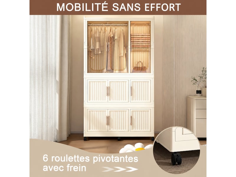  Armoire penderie pliable et modulable, 9 portes, blanc crème, 92 x 45 x 158 cm  - Conforama E