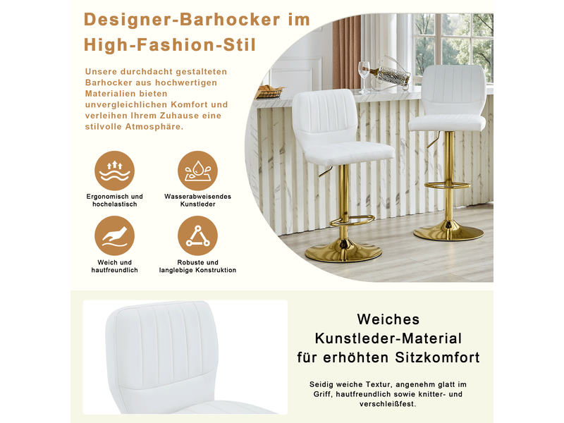 Lot de 2 tabourets de bar blancs et dorés, avec dossier, assise réglable 62–83 cm - Conforama D