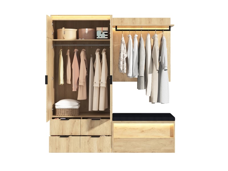  Ensemble vestiaire d'entrée 180x47x200 cm – chêne clair et anthracite – led, miroir et banc rembourré  - Conforama A