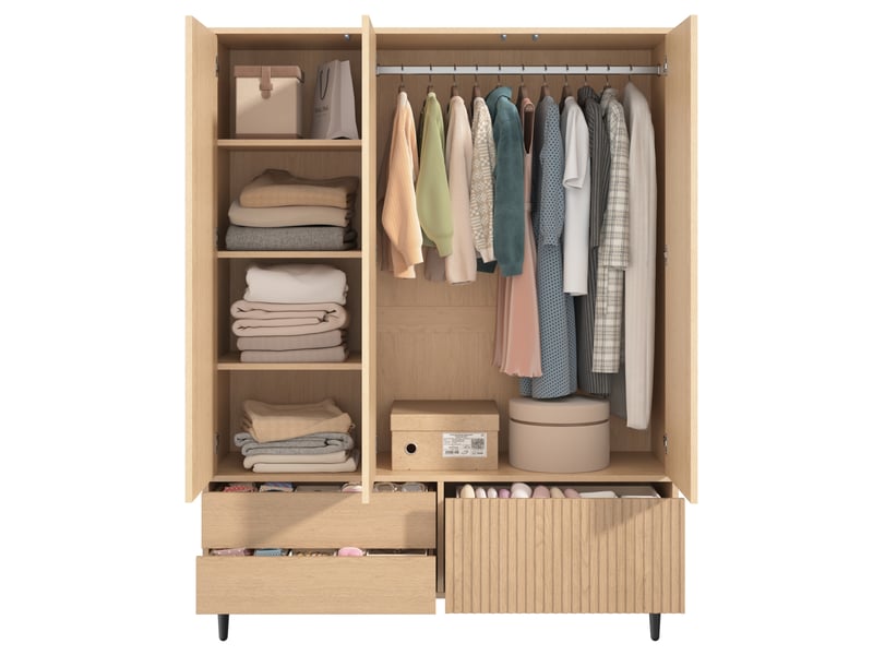  Armoire 3 portes 135x45x200 cm effet chêne clair avec miroir et 3 tiroirs  - Conforama A