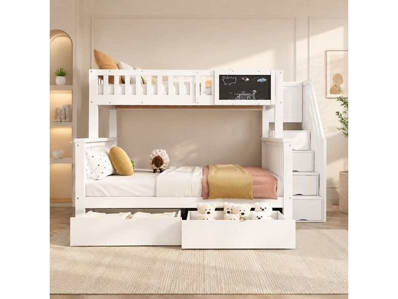  Lit superposé enfant blanc avec tableau et rangements 90 x 200 cm et 140 x 200 cm  - Conforama B
