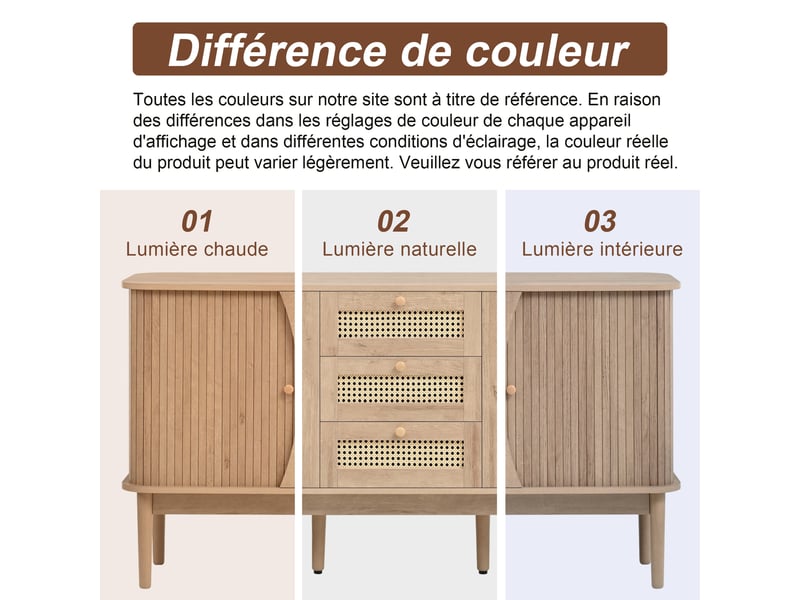  Buffet de rangement 141x40x77 cm, façades en rotin, portes coulissantes, 3 tiroirs pour salon et salle à manger - naturel GL1745O-1 - Conforama E