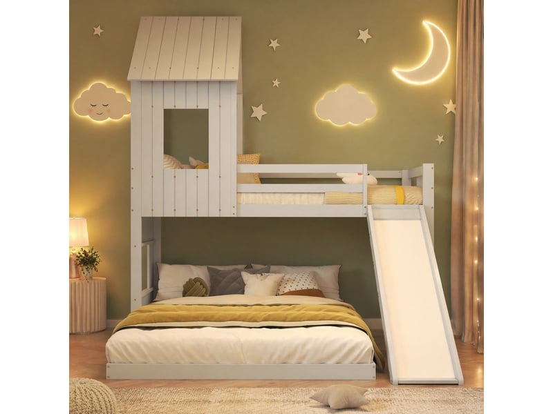 Lit superposé enfant 200×140 cm et 200×90 cm avec toboggan, toit, échelle et barrières, en pin et mdf blanc - Conforama B
