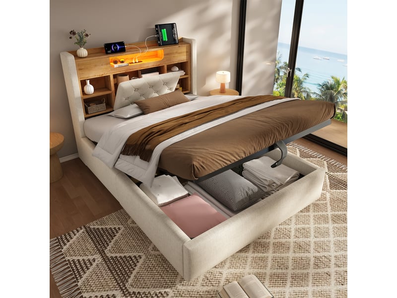  Lit coffre 90 × 200 cm, lin, beige, led, usb-c IKSETERA TRADING LTD - Conforama E