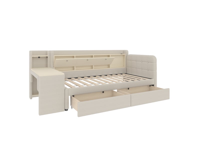  Lit enfant 90x200 cm avec 2 tiroirs, bureau modulable, clapet de rangement, usb et type-c, lin, beige, sans matelas  - Conforama D