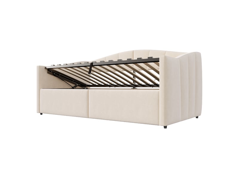 Lit coffre enfant 90x200 cm canapé-lit avec rangement, velours, beige, sans matelas  - Conforama R