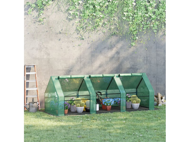 Serre de jardin 270x90x90 cm – verte – film pe anti-uv 140 gm², structure acier et fenêtres zippées - Conforama B