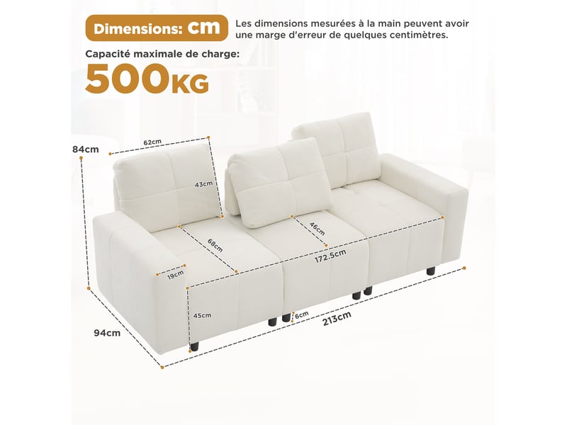 Canapé droit modulable 3 places en tissu blanc beige, dossier réglable et couchage d'appoint compact pour votre salon - Conforama C