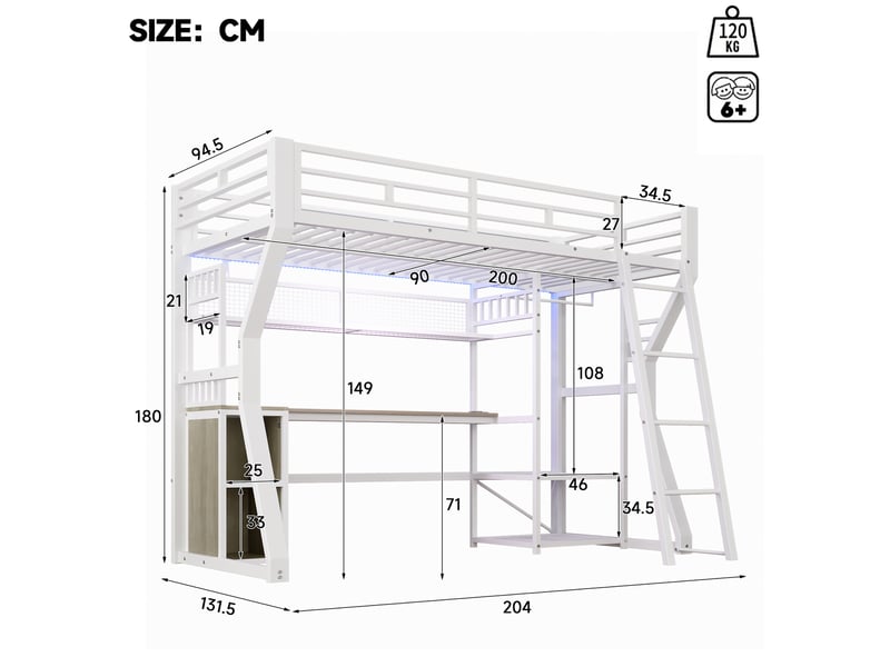 Lit mezzanine 90 x 200 cm avec bureau, rangements, prise et éclairage, blanc - Conforama C