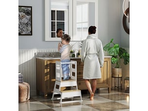 Tour montessori pour enfants avec tableau noir et rambarde, en bois, 55 x 52,5 x 87,5 cm, blanc et bois.