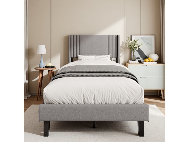  Lit simple rembourré 90x200 cm, lit 1 place avec tête capitonné, lit une personne avec sommier à lattes,tissu de lin, sans matelas  - Conforama W