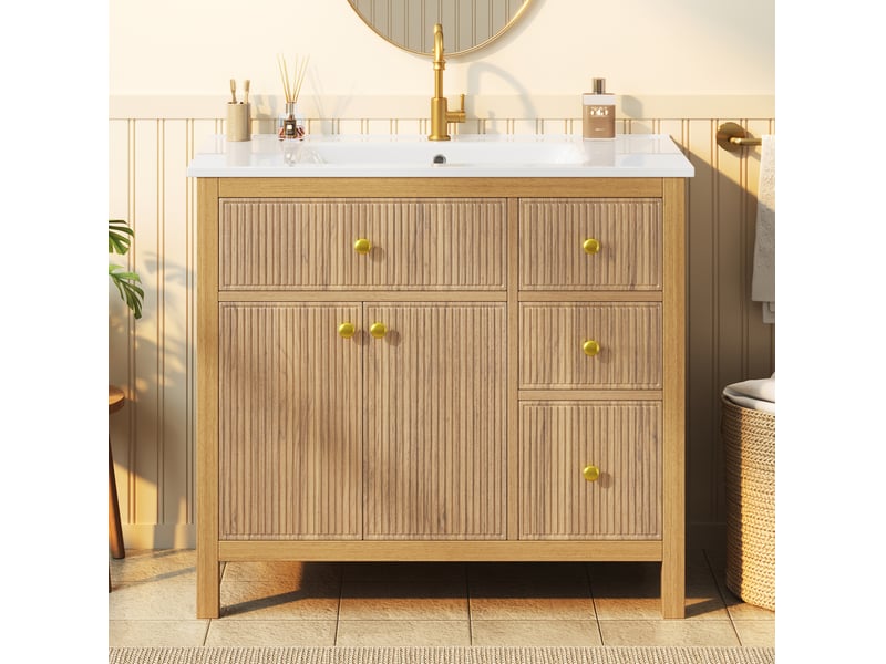 Meuble sous vasque 91x48x88 cm avec vasque céramique, 3 tiroirs, coloris bois naturel  - Conforama E