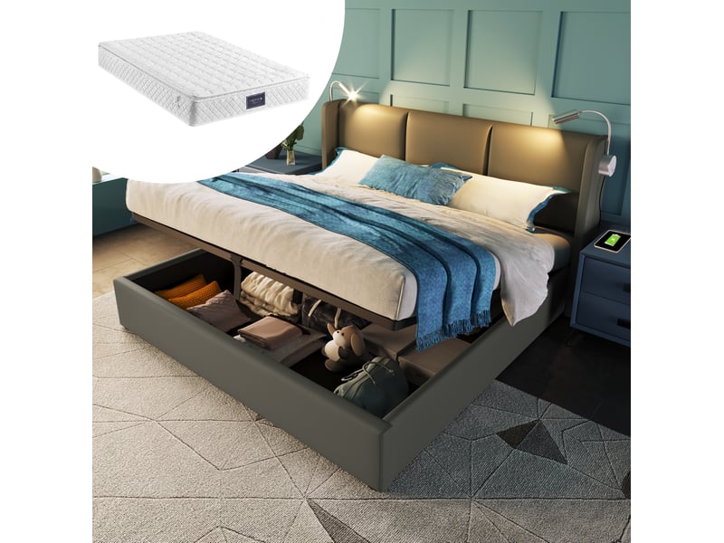  Lit rembourré tcqpz double 160 x 200 cm avec coffre, liseuses et charge usb, gris  - Conforama B