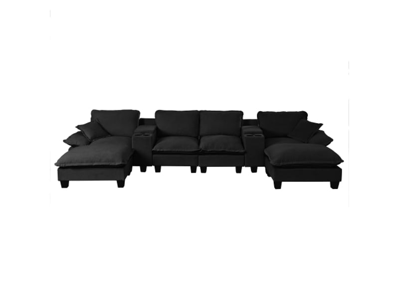  Canapé panoramique modulable, 2 consoles avec rangements, porte-gobelets et usb, 392 × 151 × 90 cm, chenille noire  - Conforama A